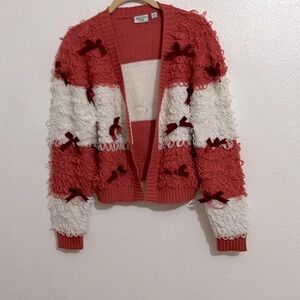 Unique Cottage Core Fairy Size S Knit Cardigan Velvet Bows Yarn Loops AllOver